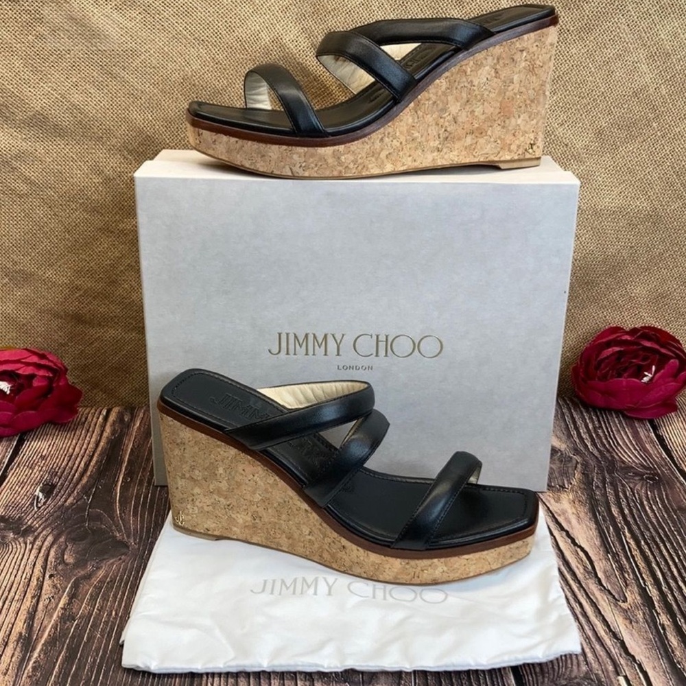 JIMMY CHOO Black Leather Athenia Platform Wedge Sandals